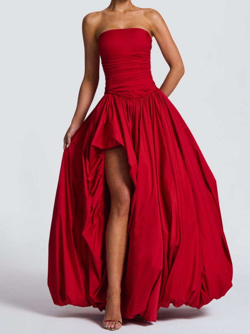 Elegant Strapless Red High-Slit Evening Gown